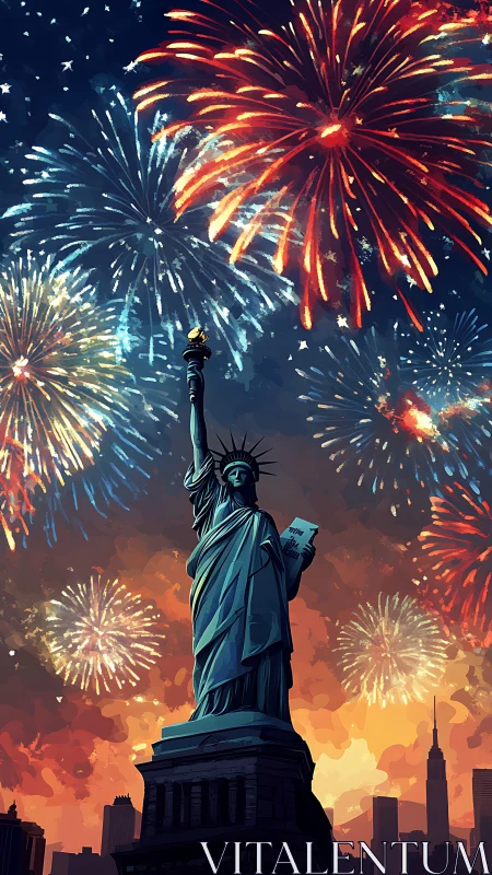 Statue of Liberty at night with multicolored fireworks display.