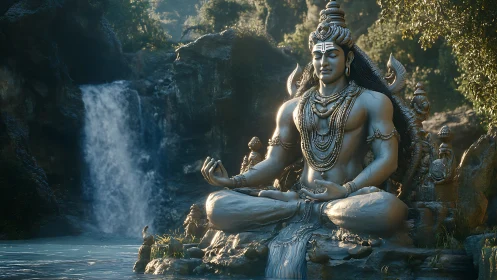 Large seated deity statue depicted beside flowing waterfall