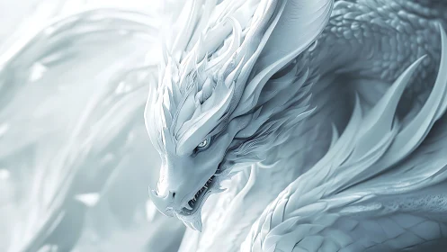 Majestic ice dragon curls in swirling pale winter light