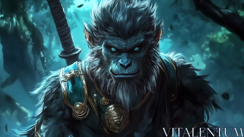 Fantasy simian warrior portrait in luminous forest armor design.