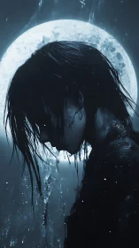 Moon-drenched silhouette of a rain-soaked, haunted dreamer.