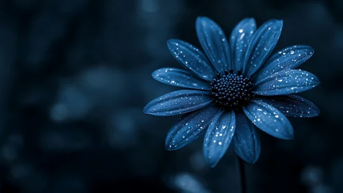 Single blue flower shows raindrops on petals in closeup view