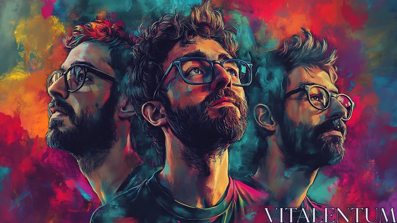 Intense triple portrait explores identity through neon color fields.