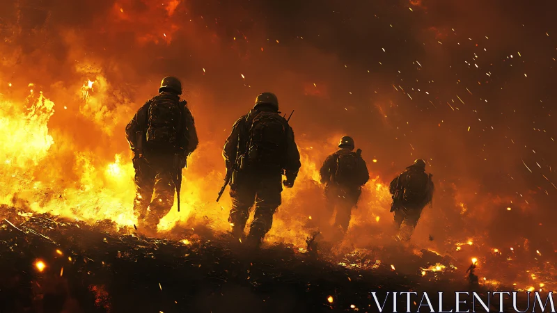 Military personnel traversing intense fire conditions.