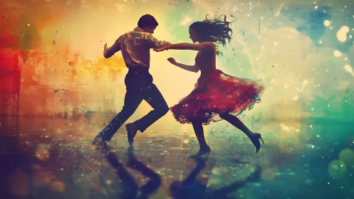 Silhouetted couple dances across glowing water surface