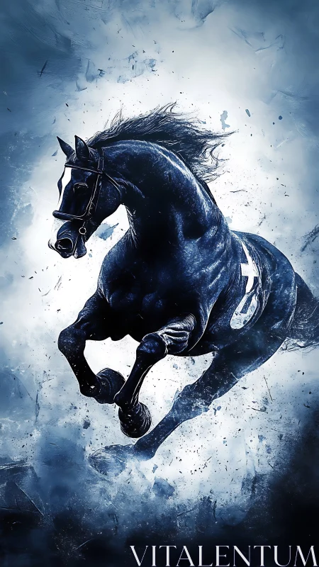 Dynamic blue warhorse in mid-gallop with abstract energy field