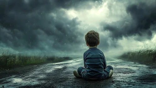 Child sitting on wet rural road under dense storm clouds.