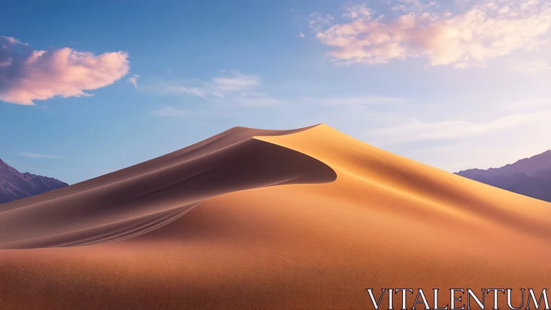 Curved desert dune ridge under warm sunset sidelight gradients