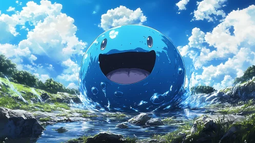 Luminous blue slime sphere splashes through bright river meadow.