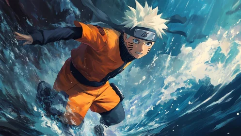 Anime ninja charging across crashing ocean waves in motion.