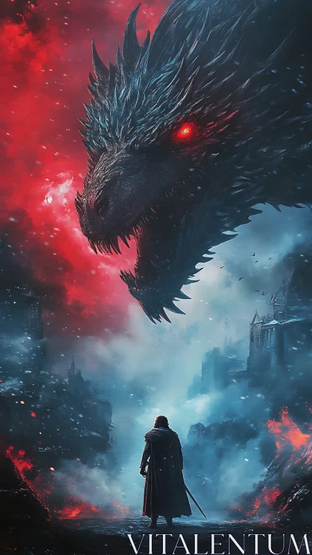 Armored knight confronts colossal dragon amid bifurcated firestorm