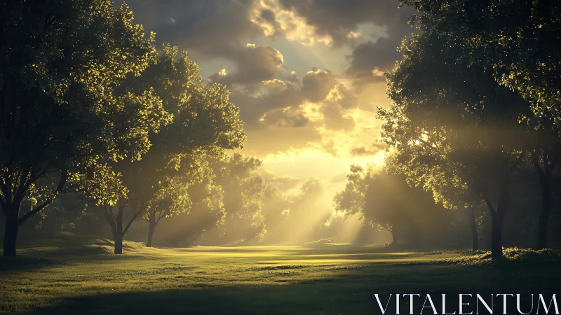 Volumetric sunrise shafts across tree-lined meadow corridor.