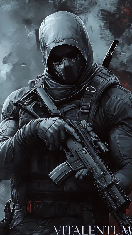 Tactical hooded operative with rifle in hyper-detailed digital art.