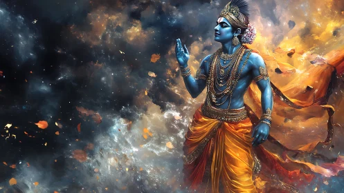 Celestial blue deity strides through swirling cosmic dawn