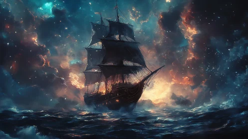 Celestial galleon cutting through luminous cosmic storm seas.