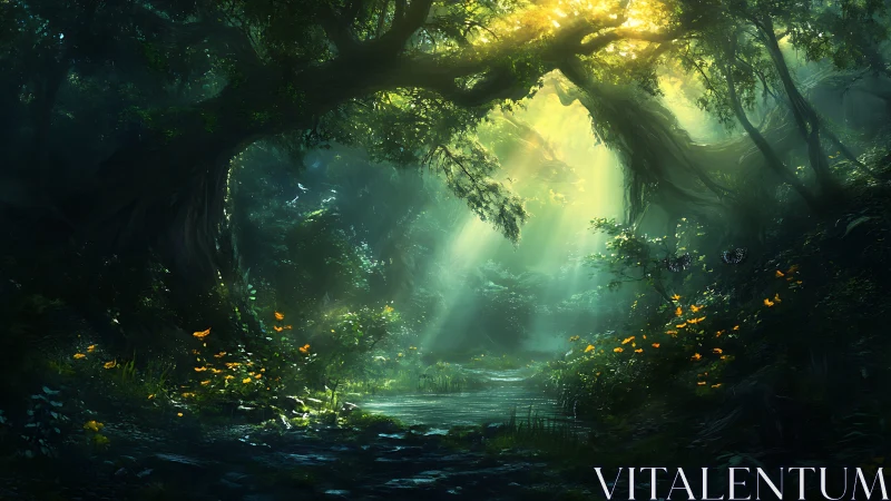 Enchanted Forest Stream Bathed in Golden Sunlight
