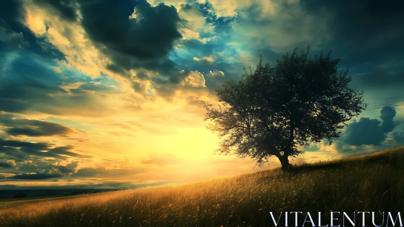 Solitary hillside tree silhouettes against blazing sunset sky