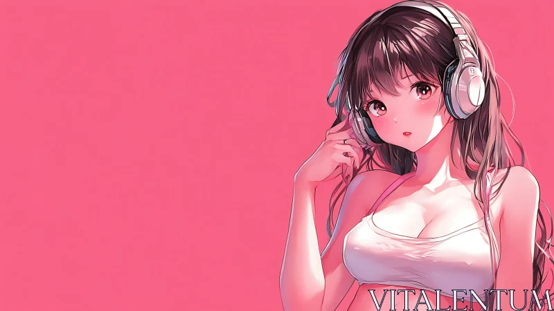 Anime girl with headphones stands against uniform pink backdrop