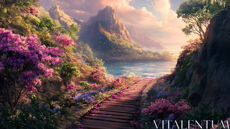 Sunlit floral boardwalk guides toward misty coastal mountains