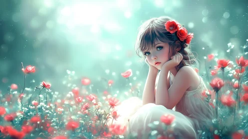 Dreamlike girl rests in glowing poppy flower meadow.