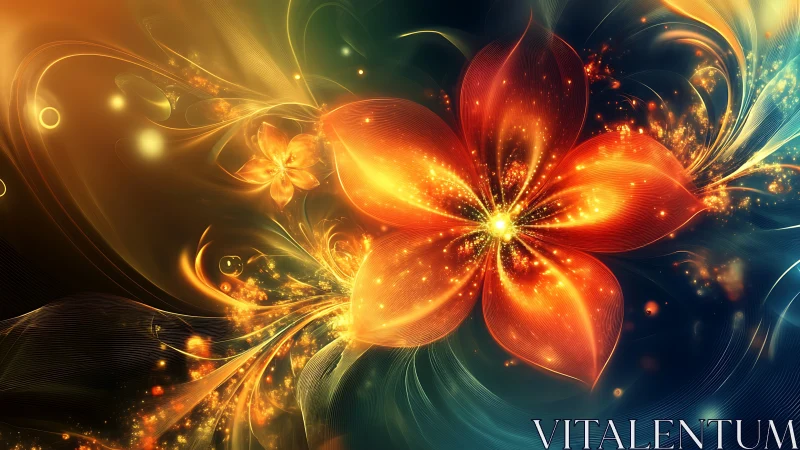 Glowing abstract orange flower radiates light in dark space