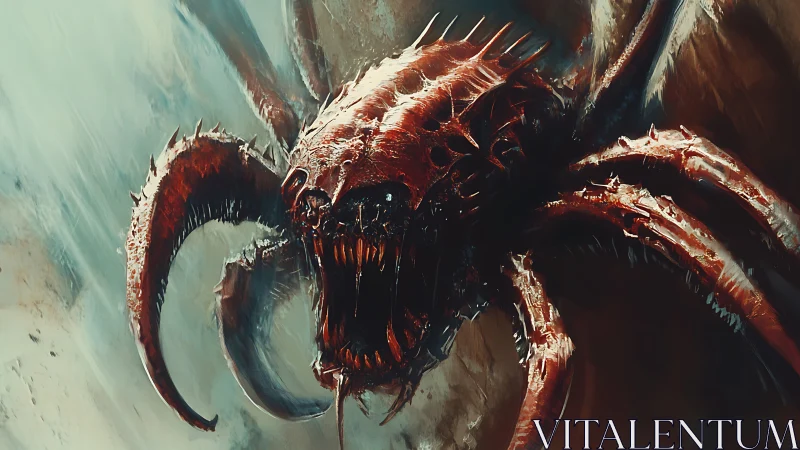 Nightmarish crimson spider creature lunges from swirling shadows