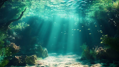 Sunlit shallow underwater cove with sand, fish and plants.