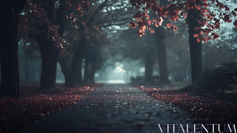Tree-lined pathway extends into fog with wet fallen leaves