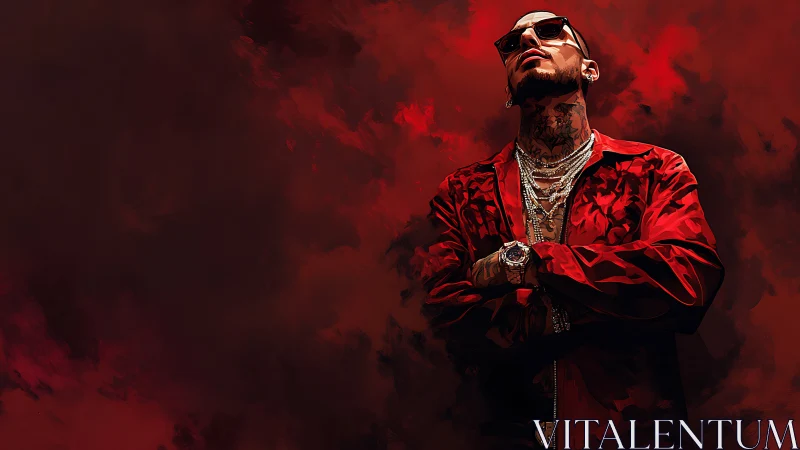 High-contrast red portrait with stylized lighting and layered jewelry