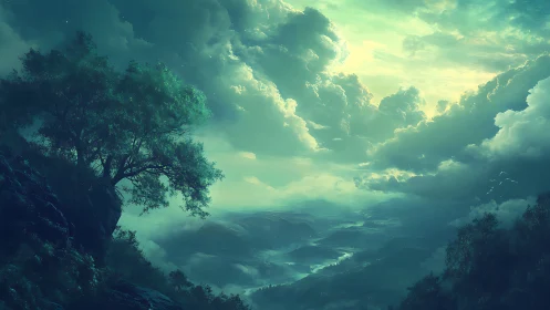 Twilight valley panorama under luminous storm-lit clouds.