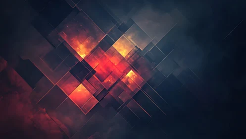 Abstract geometric squares with fiery center and dark gradient background.
