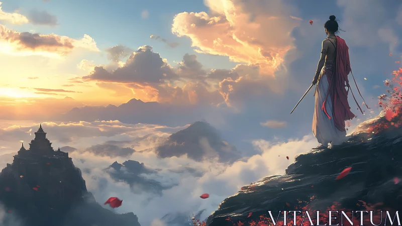 Warrior overlooks mountain temple above clouds at cinematic dawn