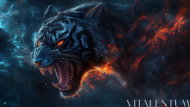 Tiger head in cosmic environment with blue and orange light.
