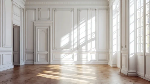 Sunlit neoclassical salon with panelled walls and herringbone floor.