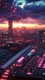 Neon synth skyline conducts an electric sunset city symphony.