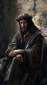 Crowned figure in tattered robe seated against stone wall.