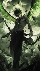 Bioluminescent winged revenant in storm-torn aerial theater.