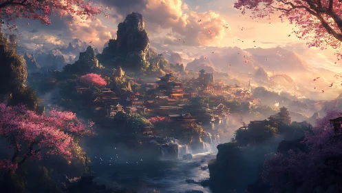 Fantasy mountain city stretches across rivers under sunset light