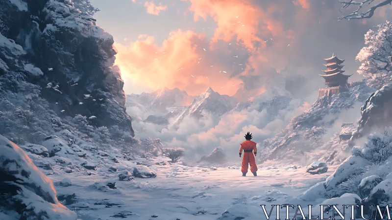 Solitary anime warrior in snowy mountain pass facing distant pagoda
