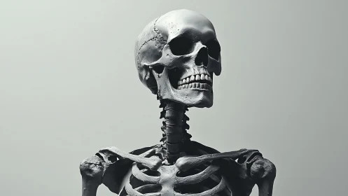 Grayscale human skeleton study against plain backdrop.