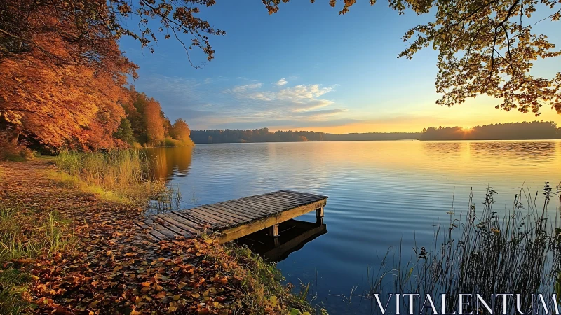Timber lakeside jetty at autumn sunrise with mirrored water