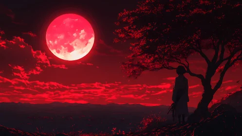 Solitary figure gazes at a vast crimson moonlit horizon