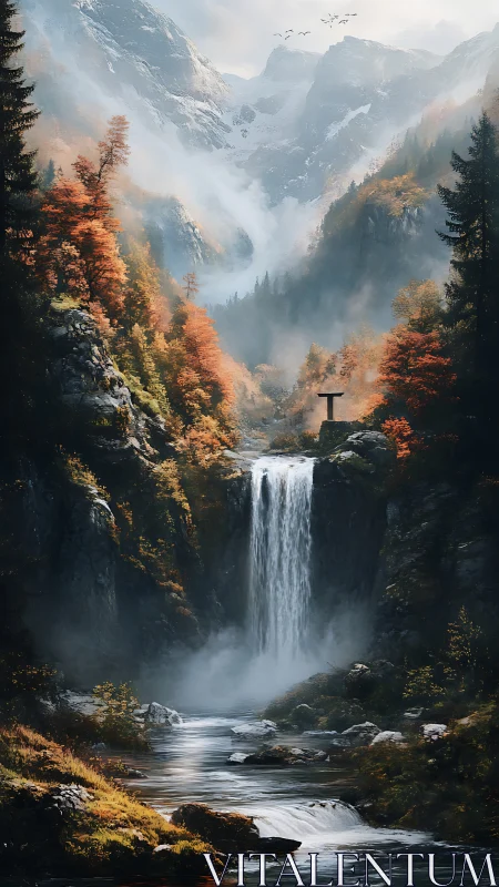 Misty autumn waterfall cascades beneath towering alpine peaks