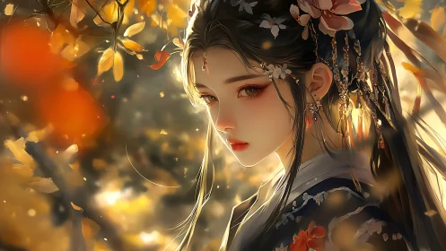Autumn backlit portrait of hanfu maiden with ornate floral hair ornaments