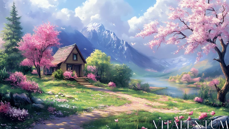 Spring cabin nestles under snowy mountains beside river