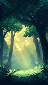 Sunlit Forest Clearing with Rays Through Trees.