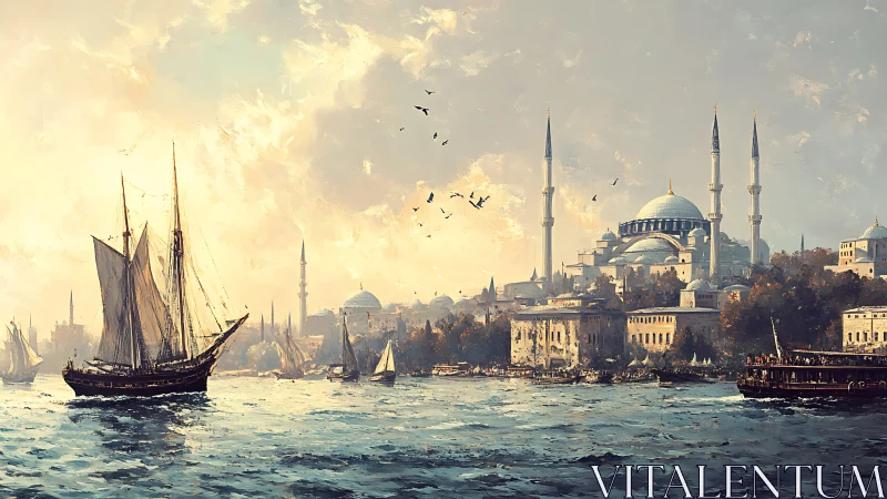 Sunlit Ottoman harbor with domed skyline and tall minarets.