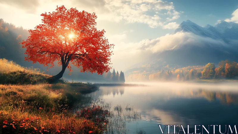 Gentle sunrise through a fiery red tree by calm lake.