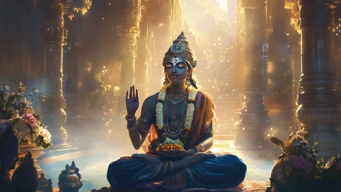 Golden temple serenity with meditating divine figure.