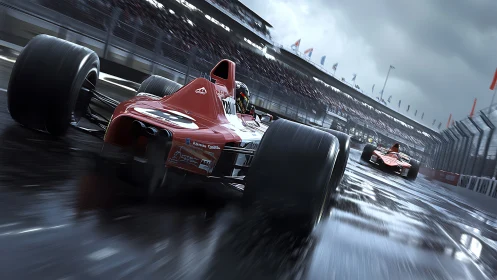 Formula race cars slice through wet track in high-speed duel.